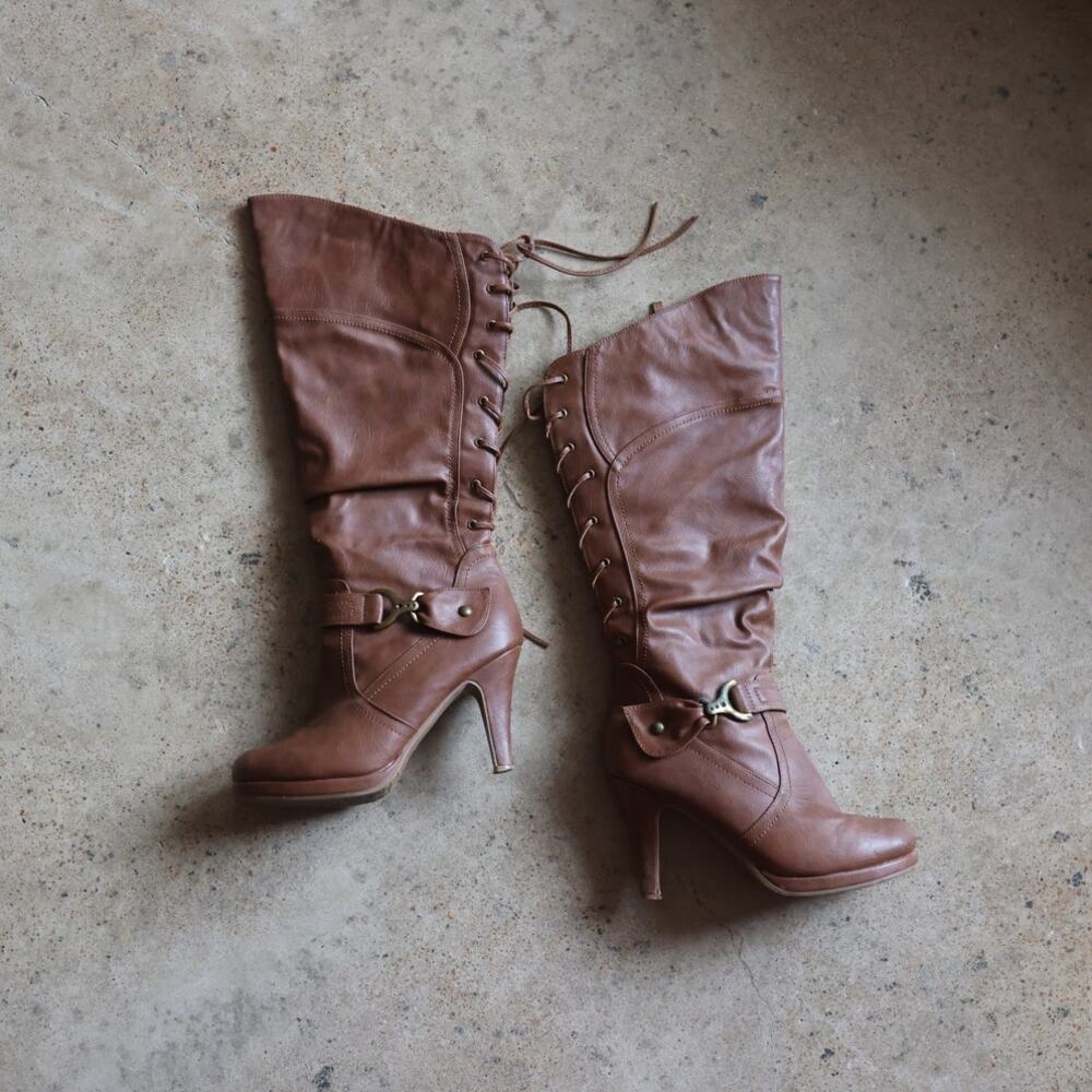 Y2K Lace Up Knee High Heeled Boots Brown Faux Leather Size 8